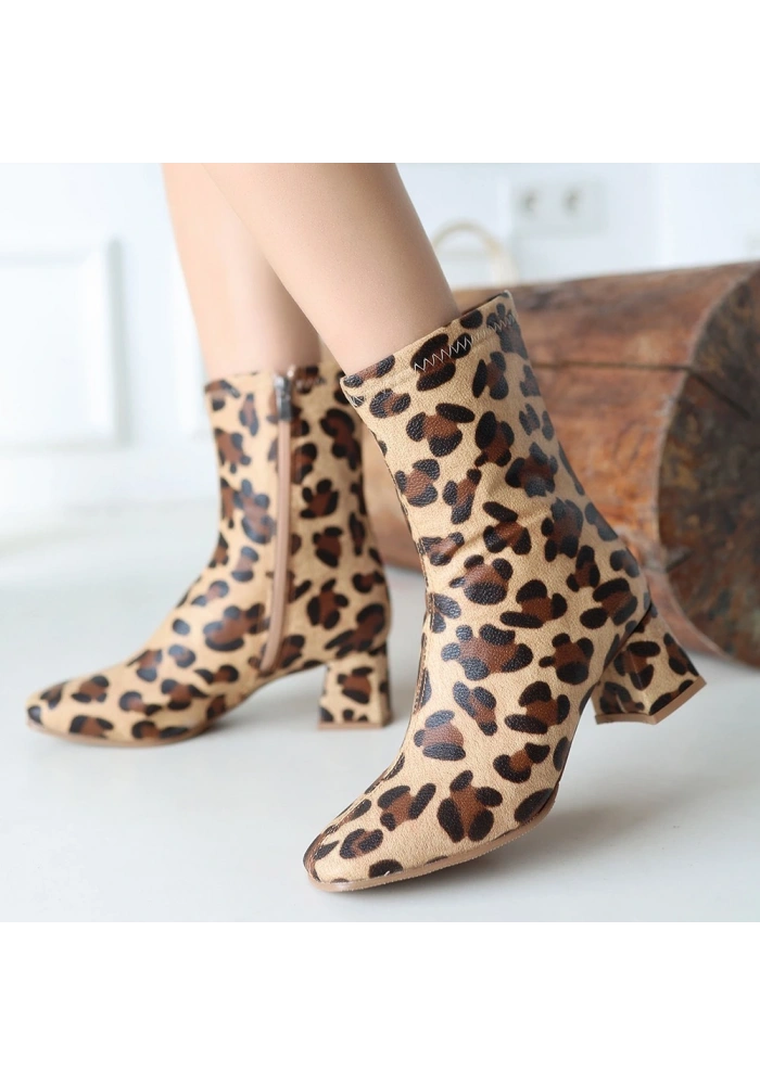 Birta Leopar Cilt Streç Topuklu Bot