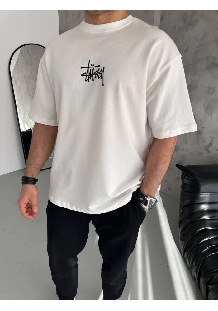 Erkek Tişört Bisiklet Yaka Baskılı Oversize Kısa kol T-Shirt - Beyaz