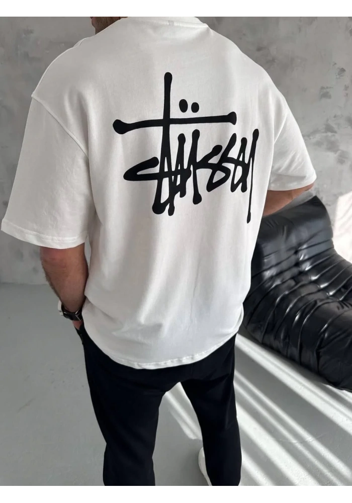 Erkek Tişört Bisiklet Yaka Baskılı Oversize Kısa kol T-Shirt - Beyaz
