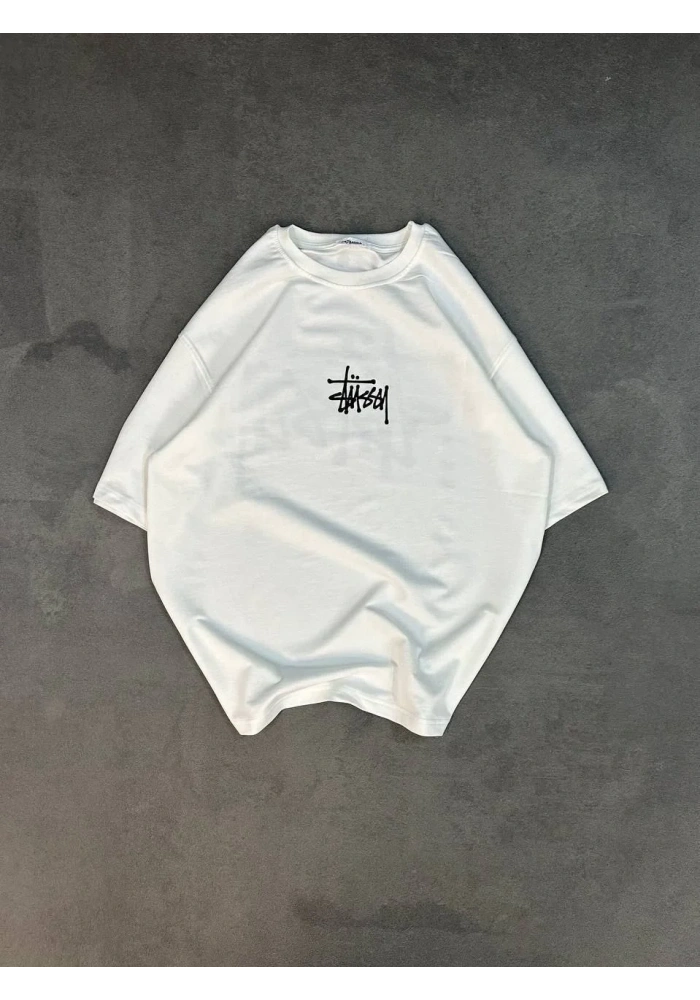 Erkek Tişört Bisiklet Yaka Baskılı Oversize Kısa kol T-Shirt - Beyaz