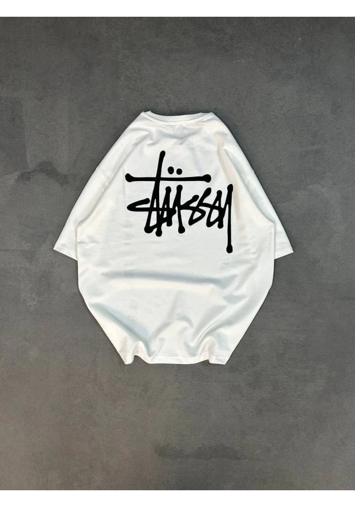 Erkek Tişört Bisiklet Yaka Baskılı Oversize Kısa kol T-Shirt - Beyaz