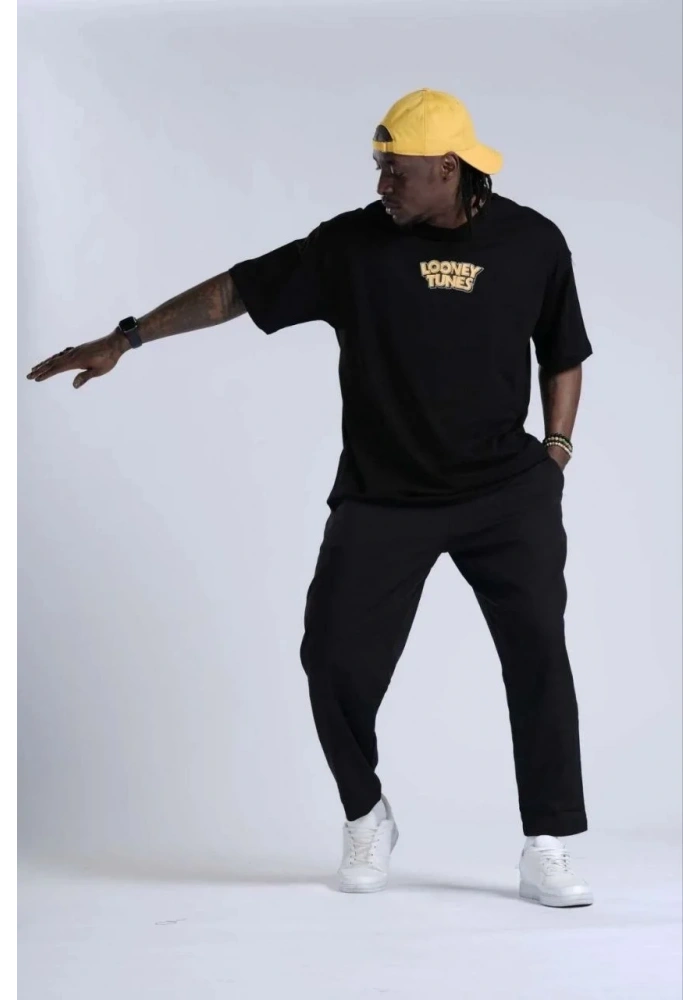 Erkek Kısa Kol Yazlık Tişört Bisiklet Yaka Baskılı Oversize T-Shirt - Siyah