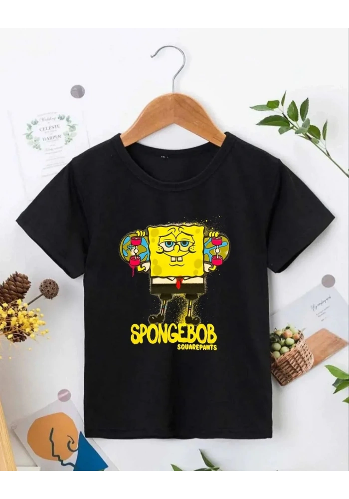 Bisiklet Yaka Kısa Kol Çocuk Baskılı T-Shirt - Siyah