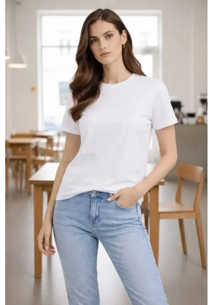 Bisiklet Yaka Tişört Regular Kalıp Basic Pamuklu Günlük Kullanım T-shirt - Beyaz