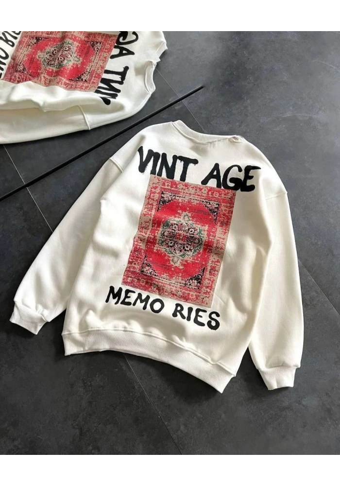 Bisiklet Yaka Üç İplik Baskılı Oversize SweatShirt - Beyaz