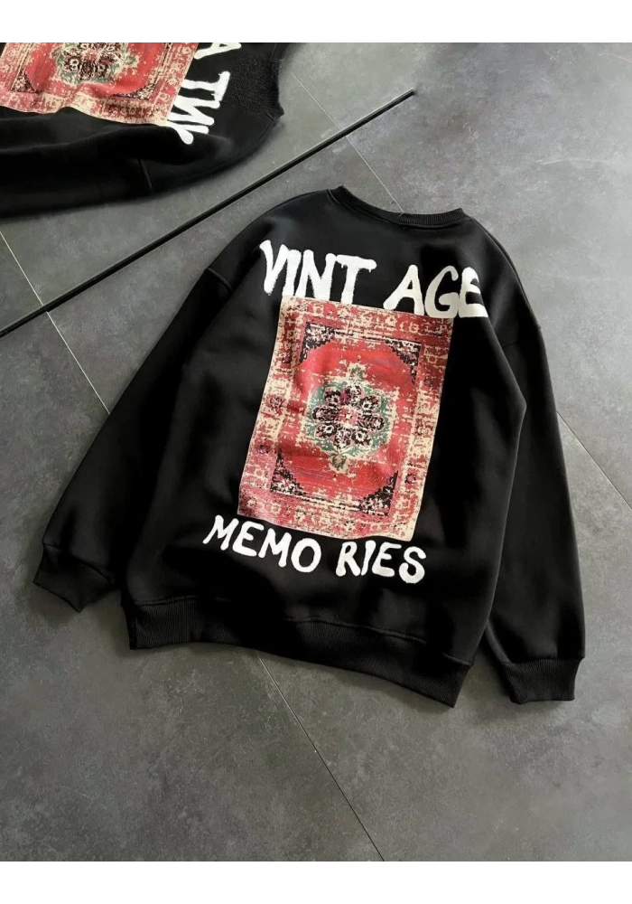 Bisiklet Yaka Üç İplik Baskılı Oversize SweatShirt - Siyah