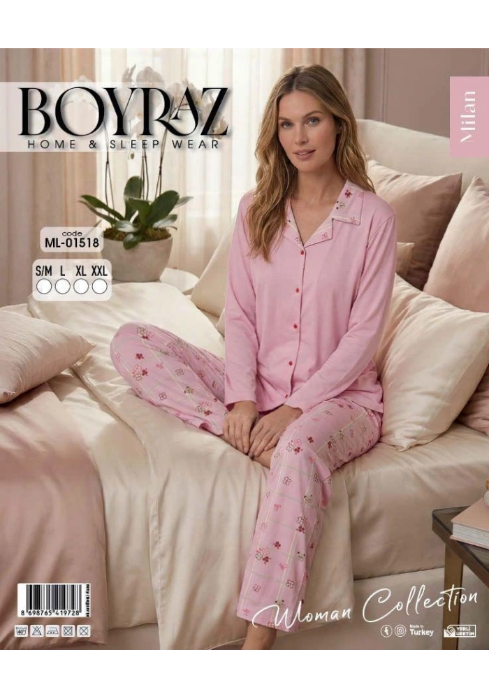 Boyraz ML-01518 Kadın Uzun Kol Boydan Düğmeli Pijama Takımı