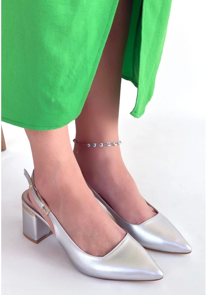 Buant Gümüş Cilt Topuklu Ayakkabı