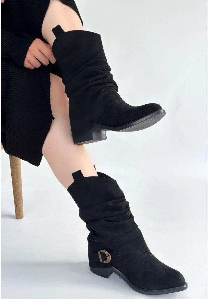 Canty Siyah Süet Körüklü Topuklu Çizme