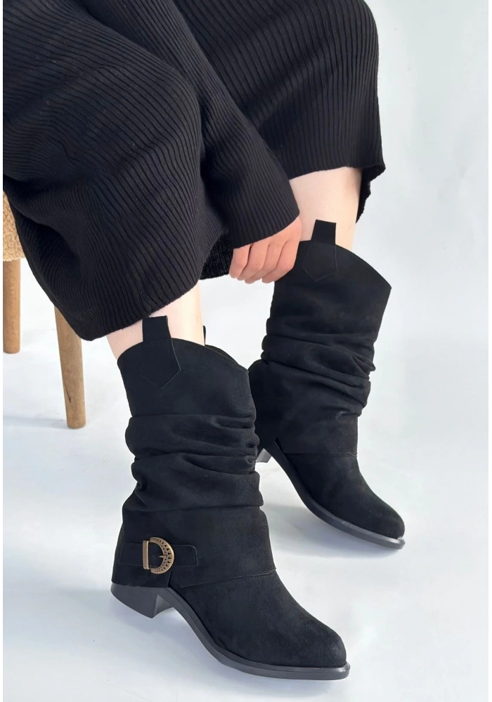 Canty Siyah Süet Körüklü Topuklu Çizme