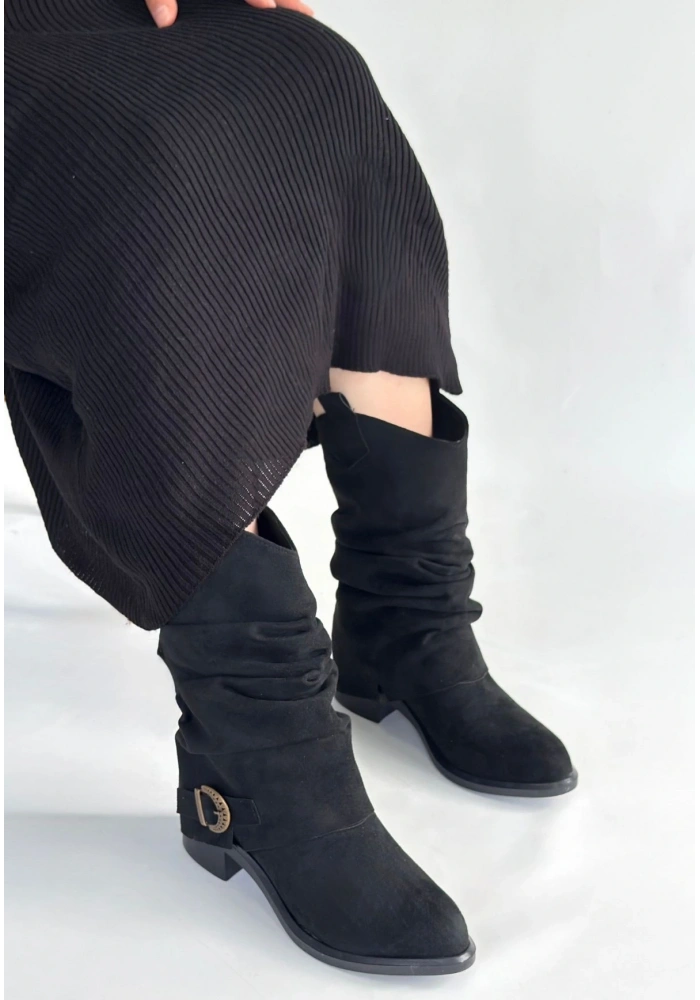 Canty Siyah Süet Körüklü Topuklu Çizme