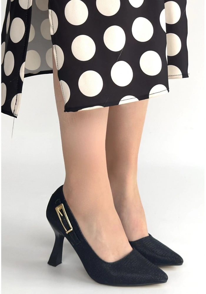 Cerin Siyah Saten Simli Topuklu Ayakkabı