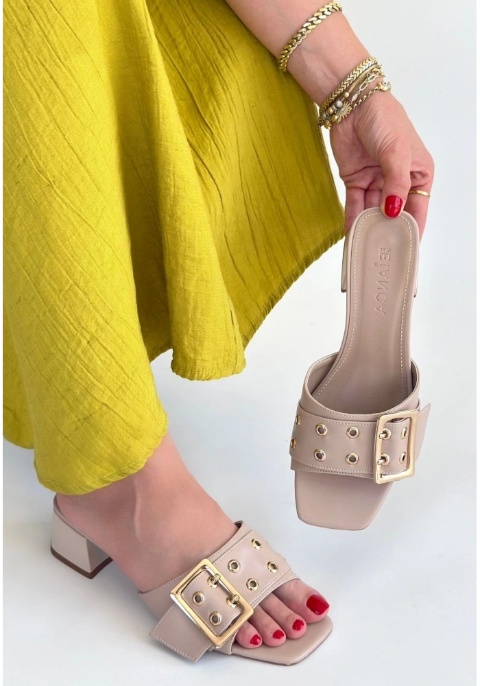 Ciey Bej Cilt Topuklu Terlik