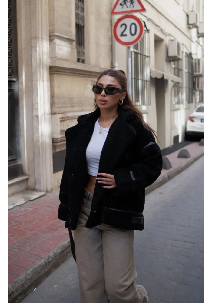 Cıt Cıt Detaylı Peluş Mont Ceket - Siyah