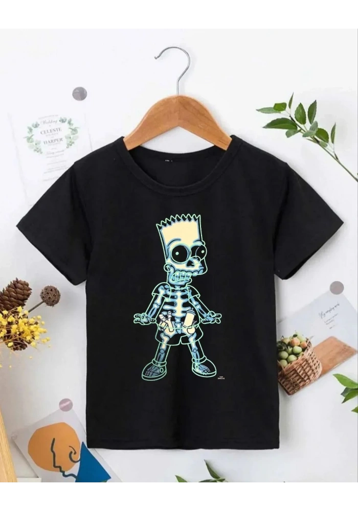 Çoçuk Bisiklet Yaka Kısa Kol Baskılı T-Shirt - Siyah