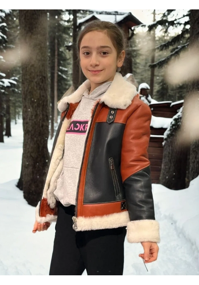 Çocuk Premium Doğal Yakalı Parçalı Kürk - Kiremit