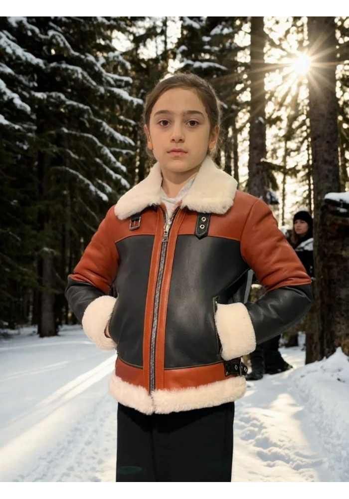 Çocuk Premium Doğal Yakalı Parçalı Kürk - Kiremit