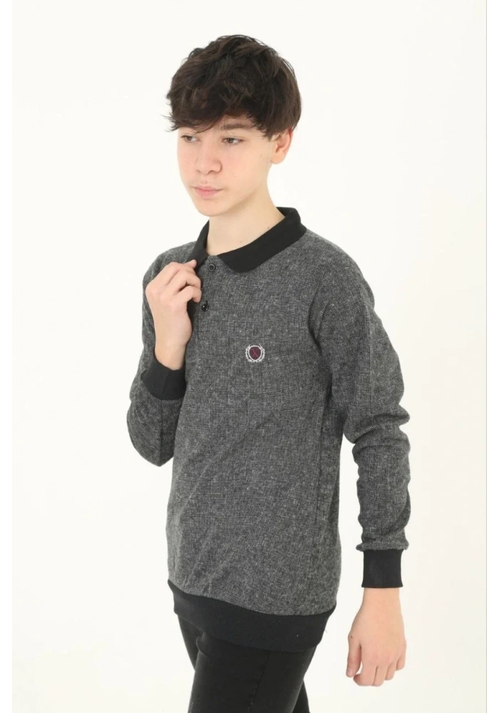 Çocuk Selanik Yaka Nakışlı Kazak - Gri