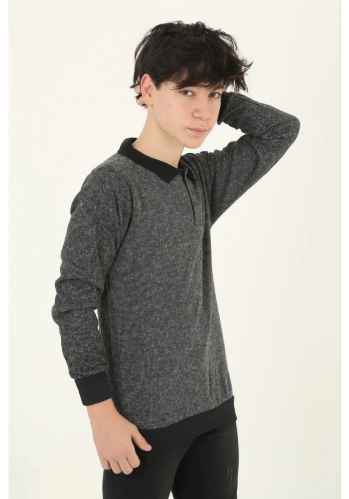 Çocuk Selanik Yaka Nakışlı Kazak - Gri