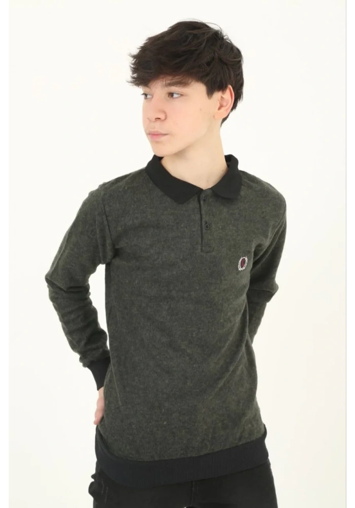 Çocuk Selanik Yaka Nakışlı Kazak - Haki