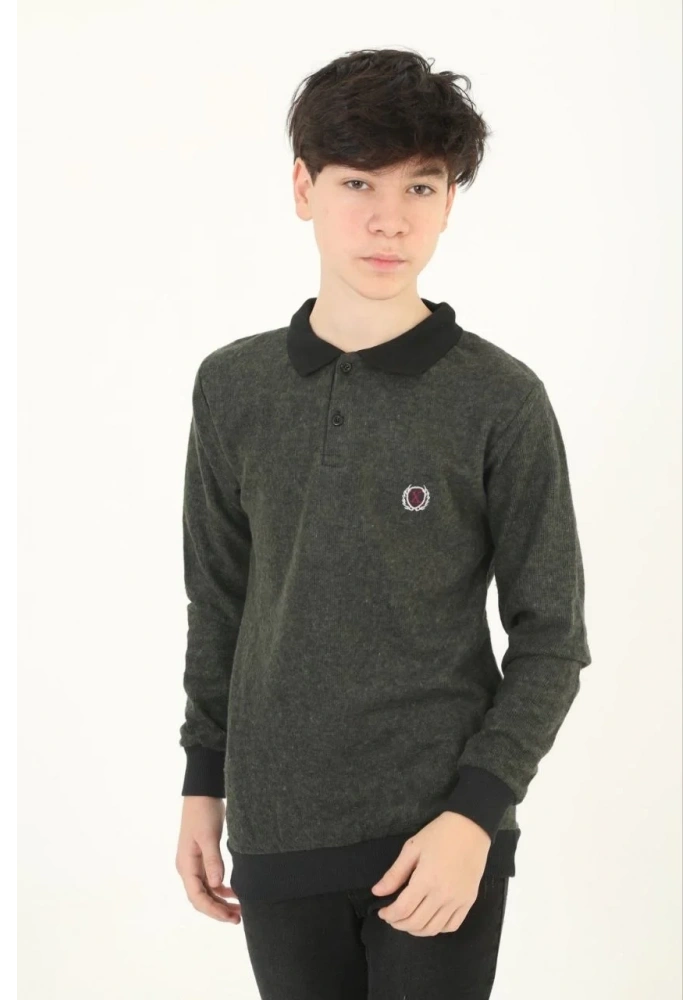 Çocuk Selanik Yaka Nakışlı Kazak - Haki