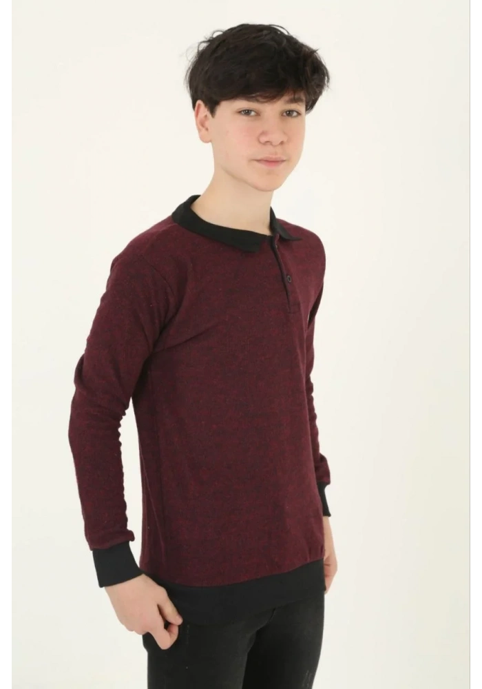 Çocuk Selanik Yaka Nakışlı Kazak - Kırmızı