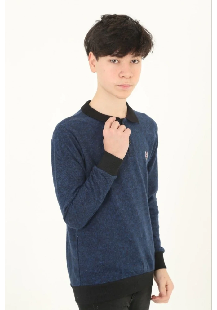 Çocuk Selanik Yaka Nakışlı Kazak - Lacivert