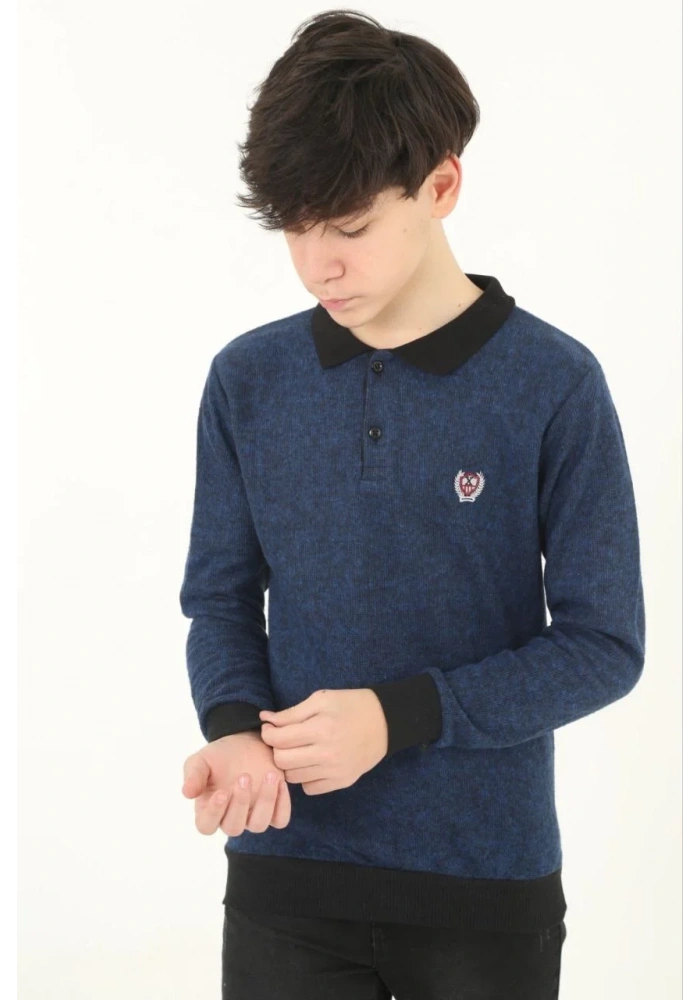 Çocuk Selanik Yaka Nakışlı Kazak - Lacivert