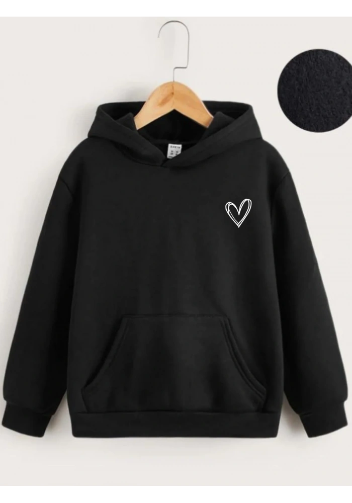 Çocuk Unisex Kapüşonlu Çizgi Kalp Baskılı Sweatshirt - Siyah