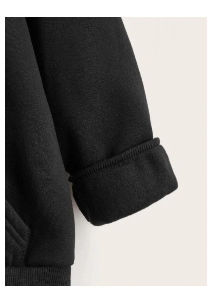 Çocuk Unisex Kapüşonlu Çizgi Kalp Baskılı Sweatshirt - Siyah