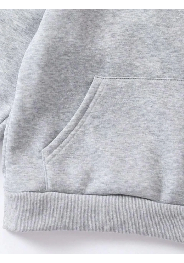 Çocuk Unisex Kapüşonlu Kedicik Baskılı Pamuklu Sweatshirt - Gri