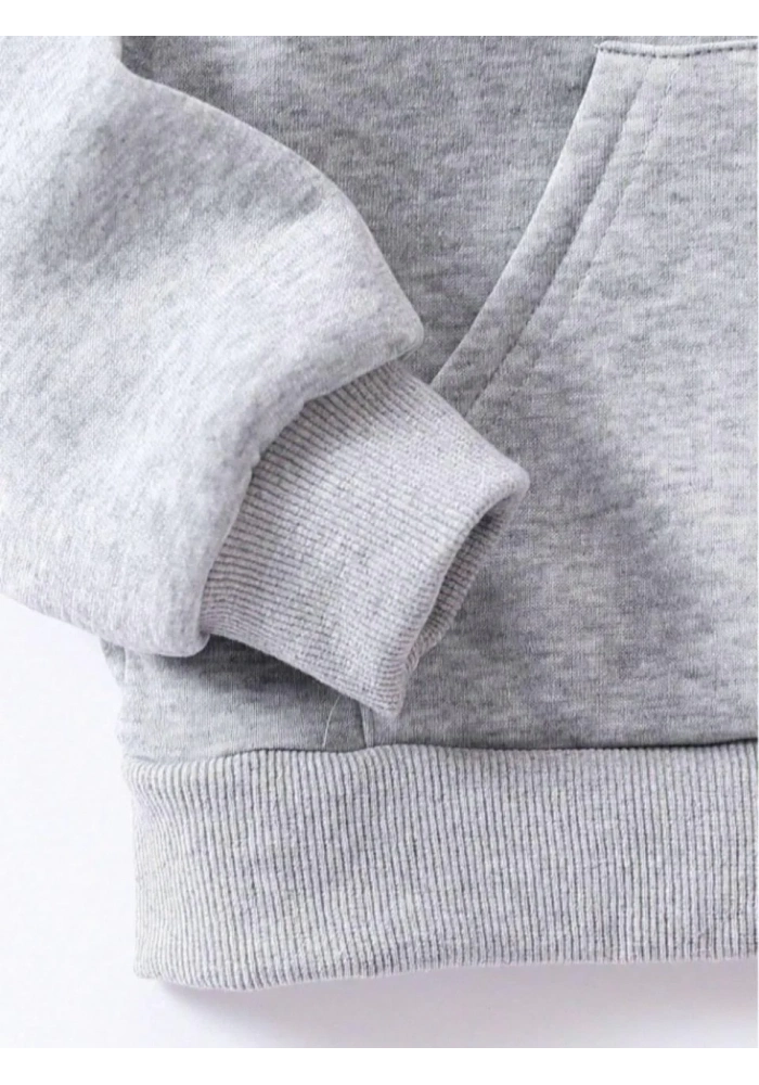 Çocuk Unisex Kapüşonlu Kedicik Baskılı Pamuklu Sweatshirt - Gri