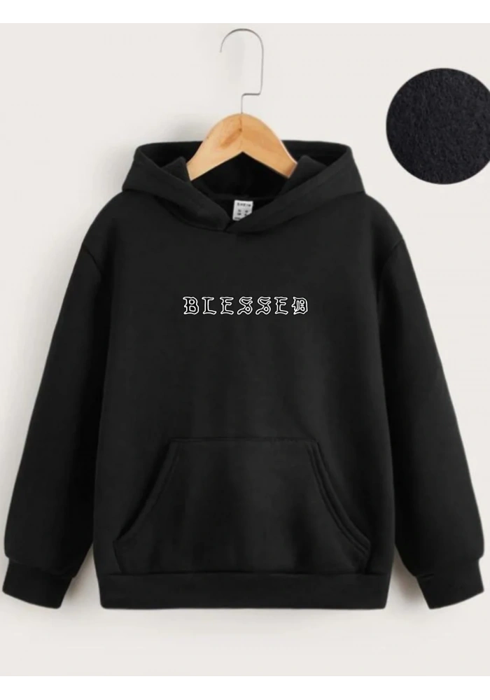 Çocuk Unisex Kapüşonlu Ön ve Arka Blessed Baskılı Sweatshirt - Siyah
