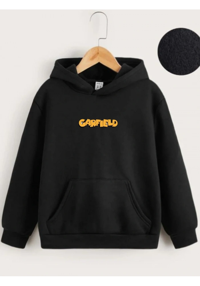 Çocuk Unisex Kapüşonlu Ön ve Arka Garfield Baskılı Sweatshirt - Siyah