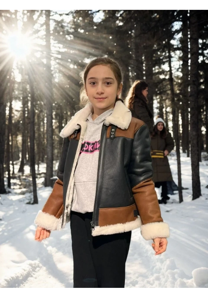 Çocuk Yakalı Parçalı Kürk - Kahve