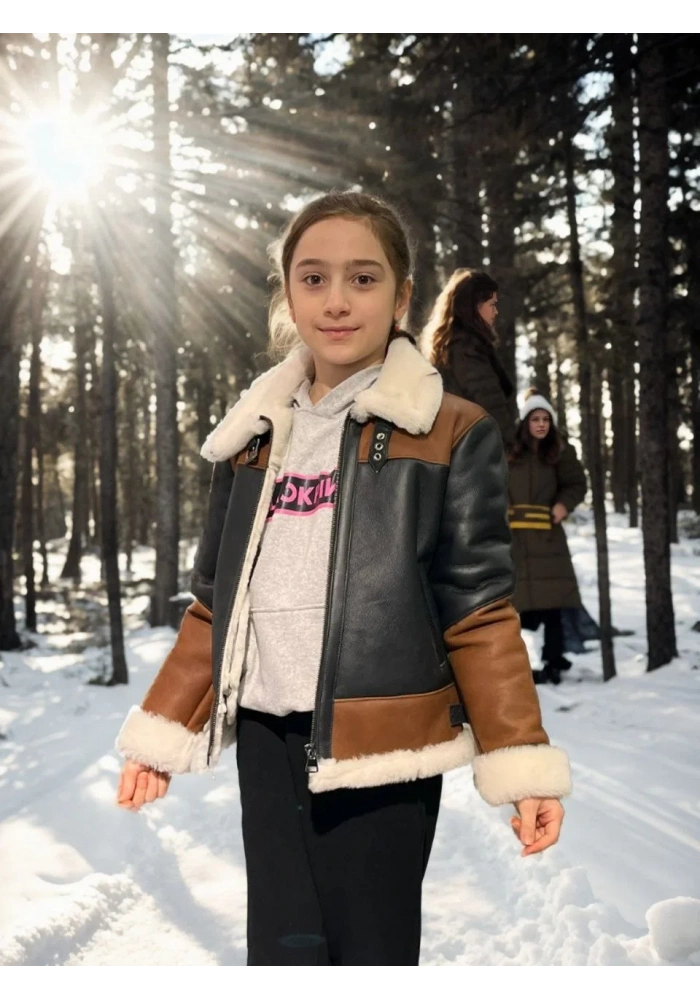 Çocuk Yakalı Parçalı Kürk - Kahve