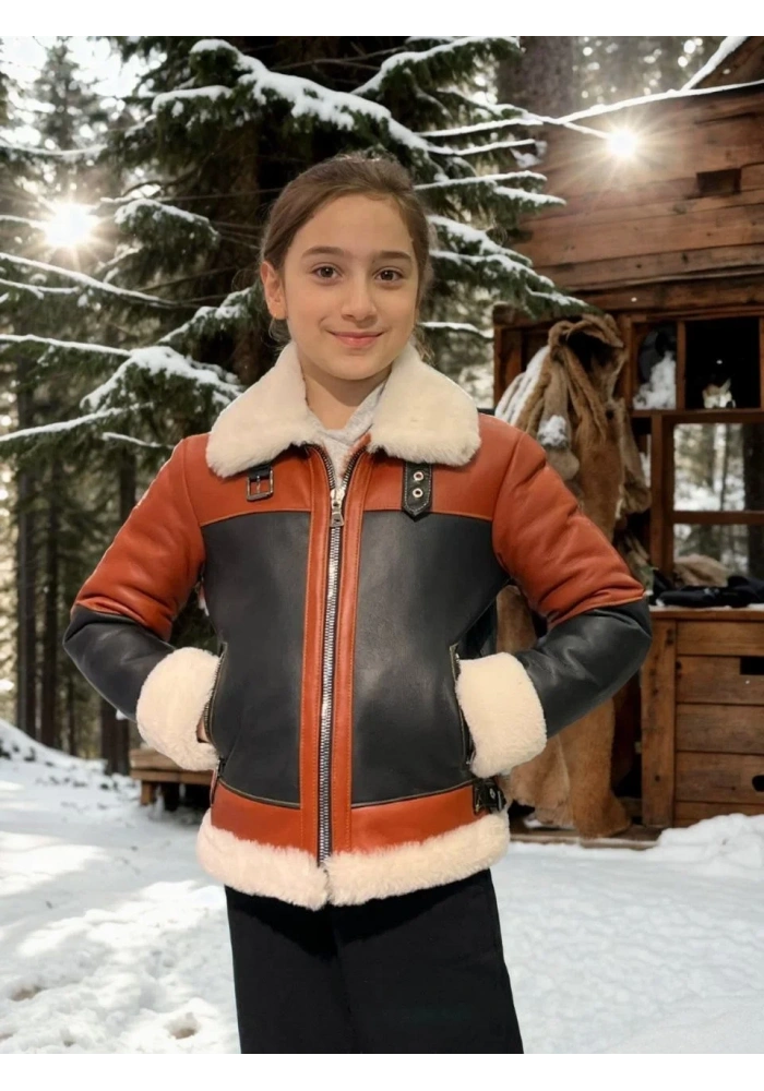 Çocuk Yakalı Parçalı Kürk - Kiremit