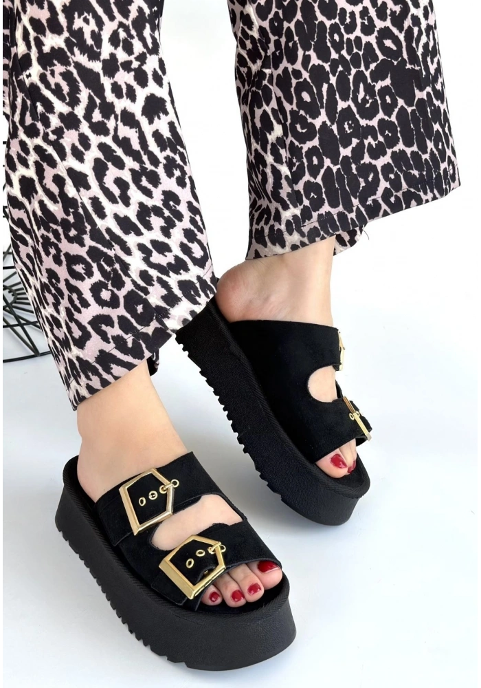 Coer Siyah Süet Çift Tokalı Terlik