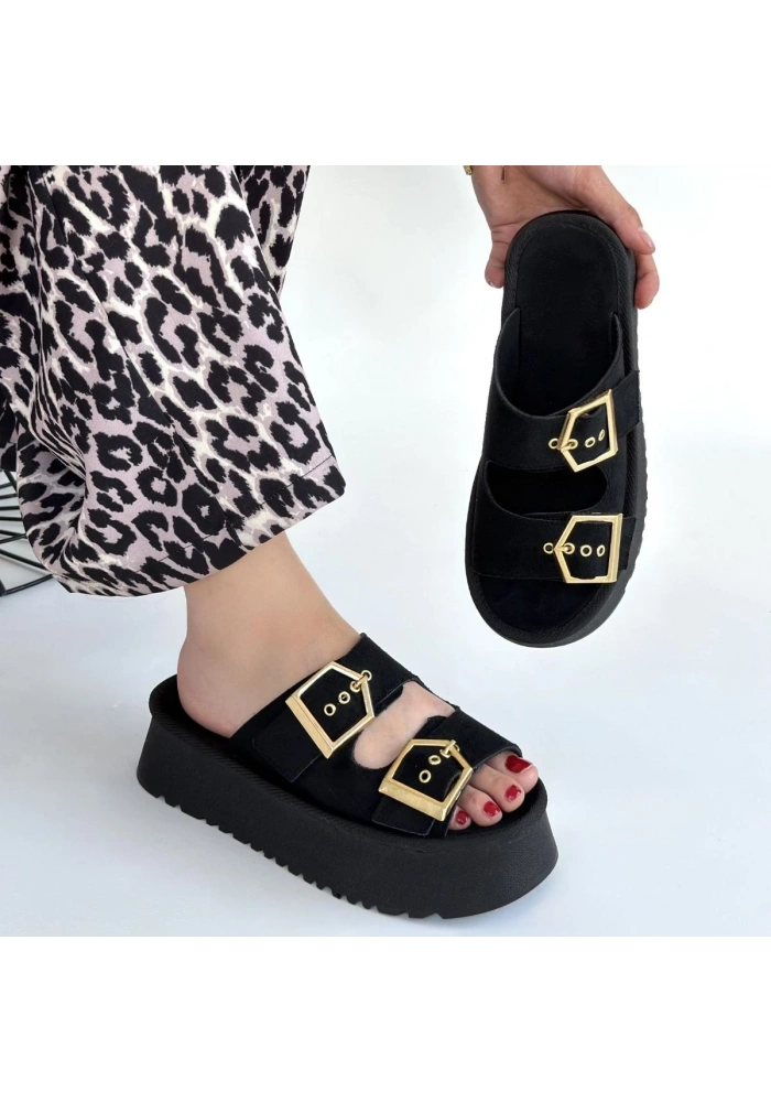 Coer Siyah Süet Çift Tokalı Terlik