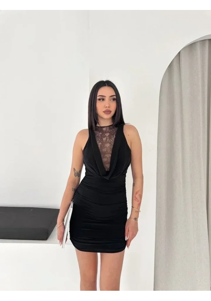 Dantel Detaylı Derin Dekolte Drapeli Mini Elbise Şık Kolsuz - Siyah