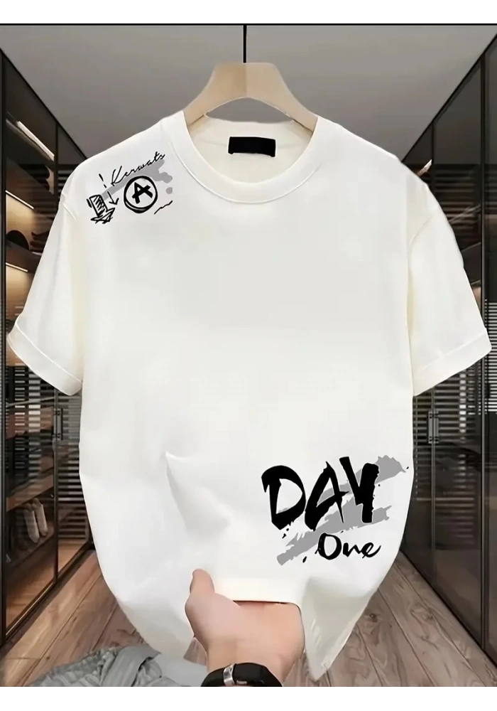 Kadın Day One Baskılı Oversize Bisiklet Yaka T-shirt - Beyaz