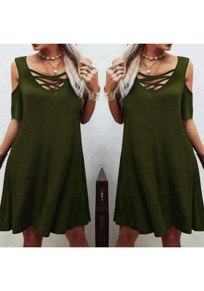 Dekolteli Bağcık Detay Viskon Kumaş Elbise