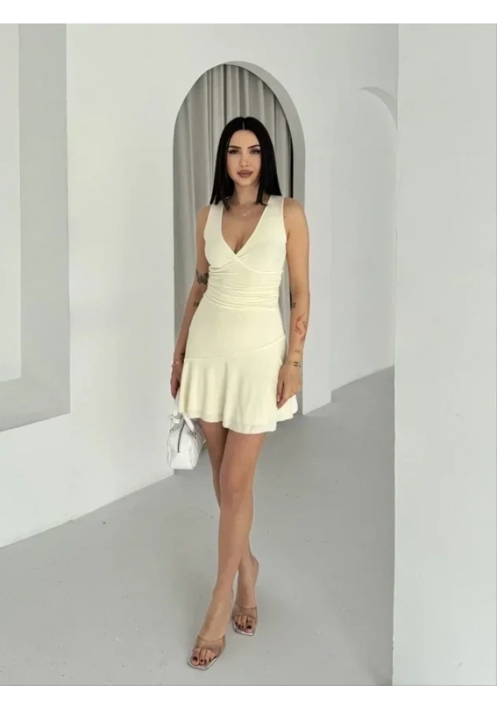 Derin V Yaka Sırt Dekolteli Mini Elbise Drapeli Şık Kolsuz - Açık Sarı