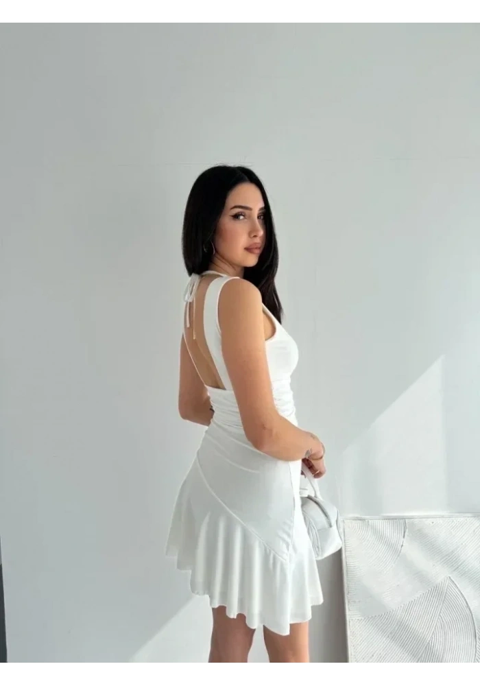 Derin V Yaka Sırt Dekolteli Mini Elbise Drapeli Şık Kolsuz - Beyaz