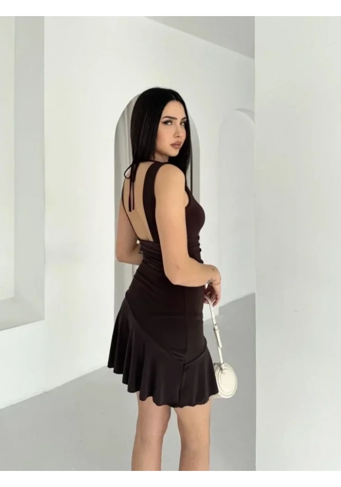 Derin V Yaka Sırt Dekolteli Mini Elbise Drapeli Şık Kolsuz - Kahverengi