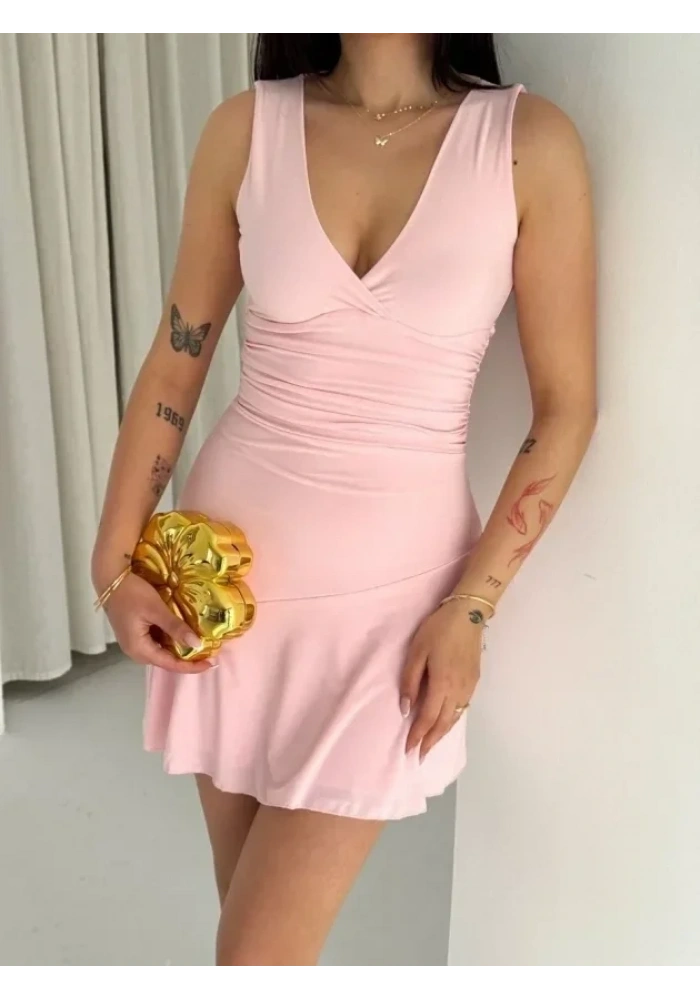 Derin V Yaka Sırt Dekolteli Mini Elbise Drapeli Şık Kolsuz - Pembe