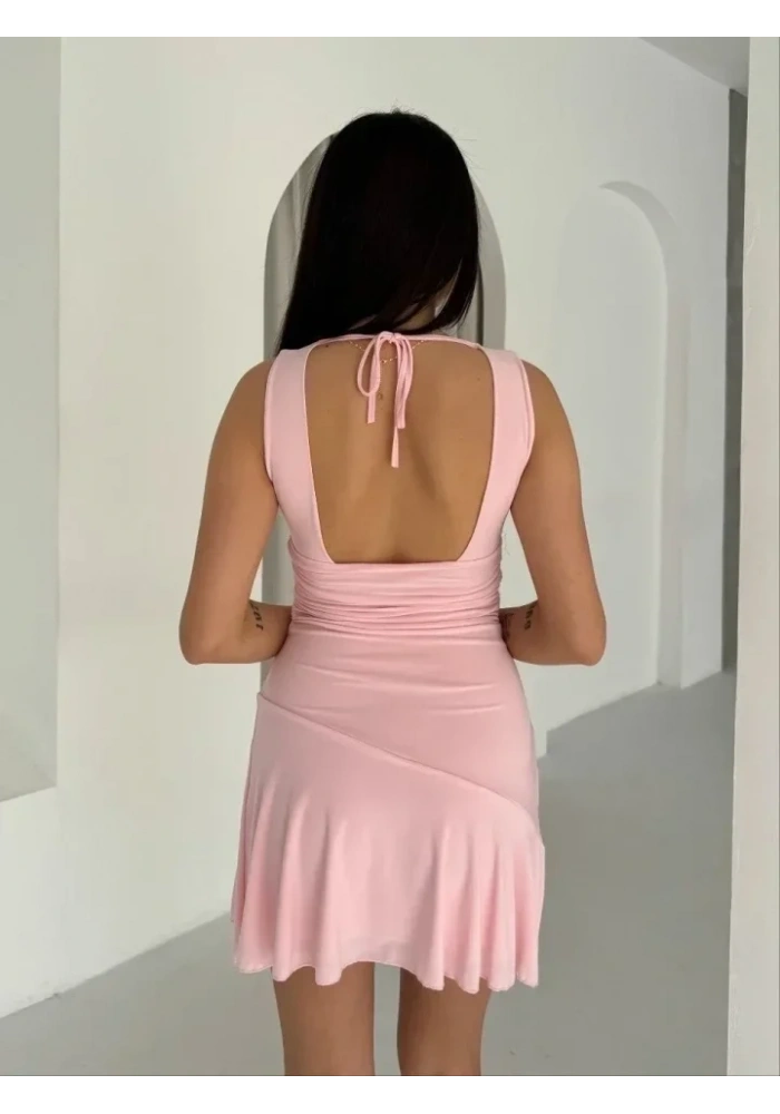 Derin V Yaka Sırt Dekolteli Mini Elbise Drapeli Şık Kolsuz - Pembe
