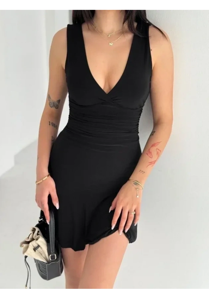 Derin V Yaka Sırt Dekolteli Mini Elbise Drapeli Şık Kolsuz - Siyah