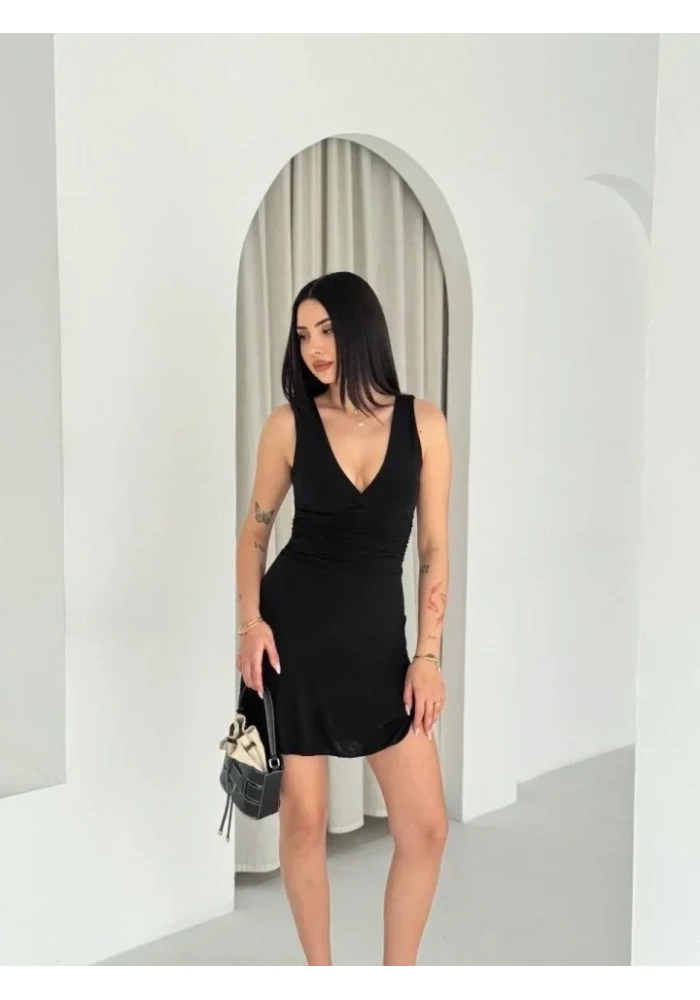 Derin V Yaka Sırt Dekolteli Mini Elbise Drapeli Şık Kolsuz - Siyah