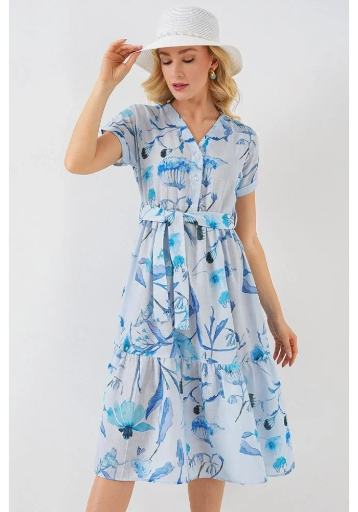 Desenli Kısa Kol Elbise 2558 - Mavi